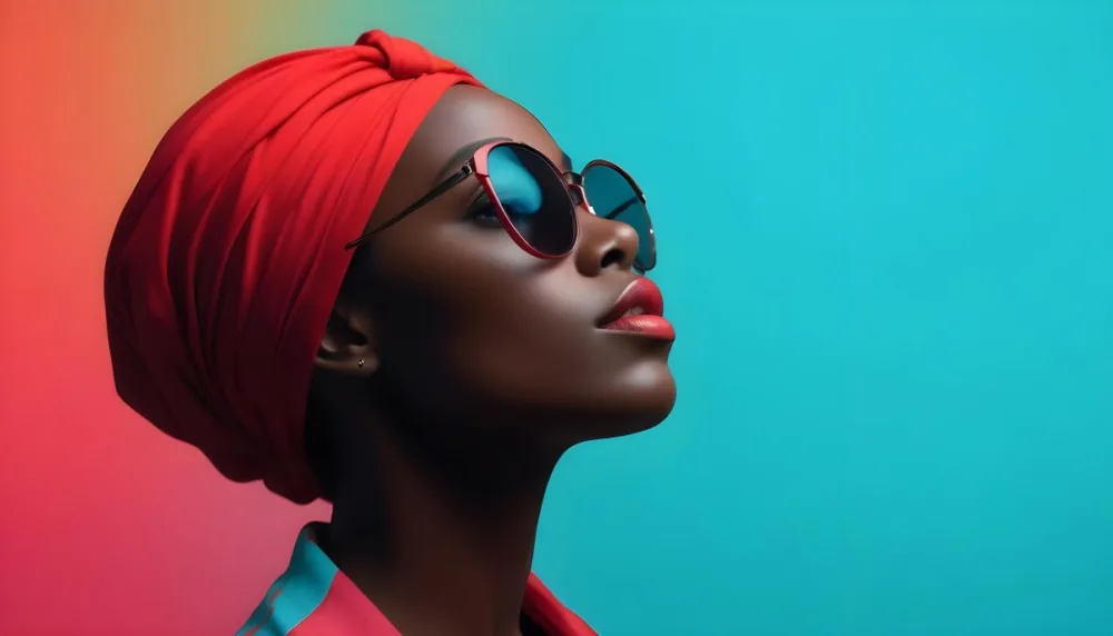 A Black Woman With Dark Skin Approximately 25 Years Old Wearing A Bright Red Headscarf And Stylish Sunglasses Her Lips Are Painted A Bold Red And She Is Posed With Her Head Tilted Slightly Upward Against A Gradien 31 9b42