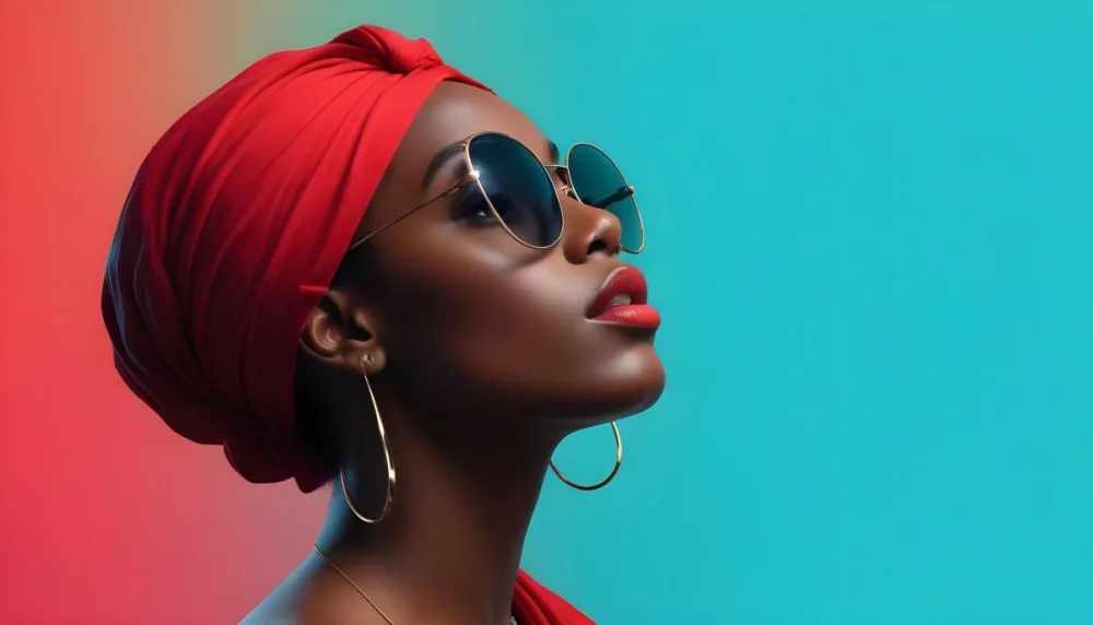 A Black Woman With Dark Skin Approximately 25 Years Old Wearing A Bright Red Headscarf And Stylish Sunglasses Her Lips Are Painted A Bold Red And She Is Posed With Her Head Tilted Slightly Upward Against A Gradien 50 F2db