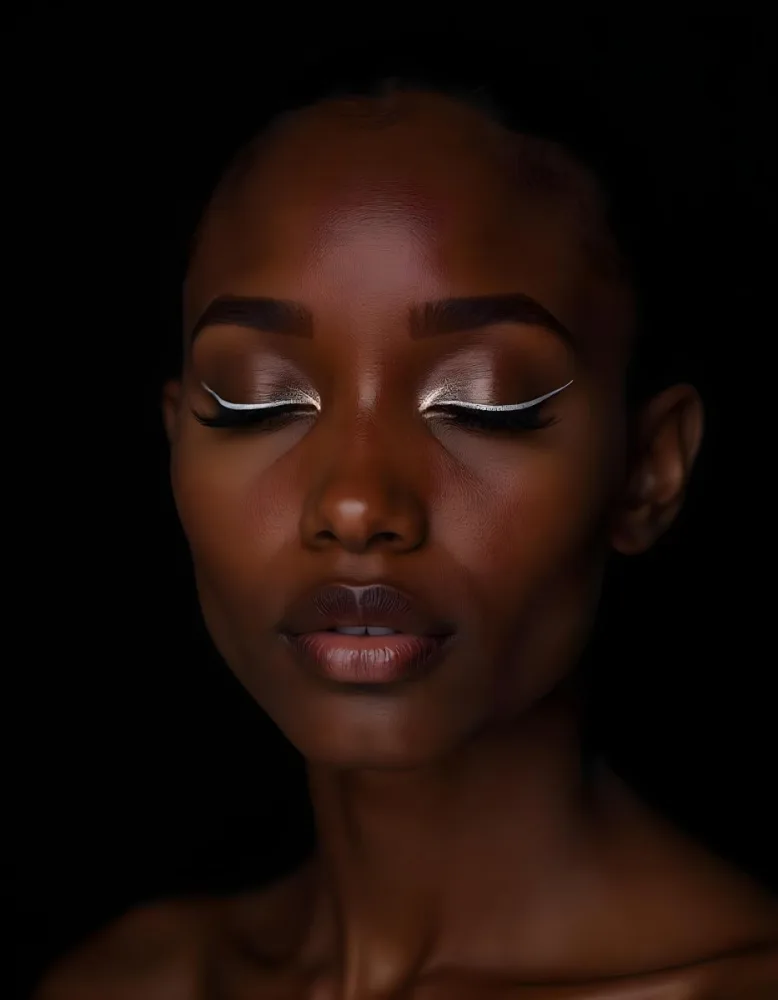 A Black Young Woman Age 22 With Closed Eyes Long Eyelashes And White Eyeliner In A Black Background 28 4e31