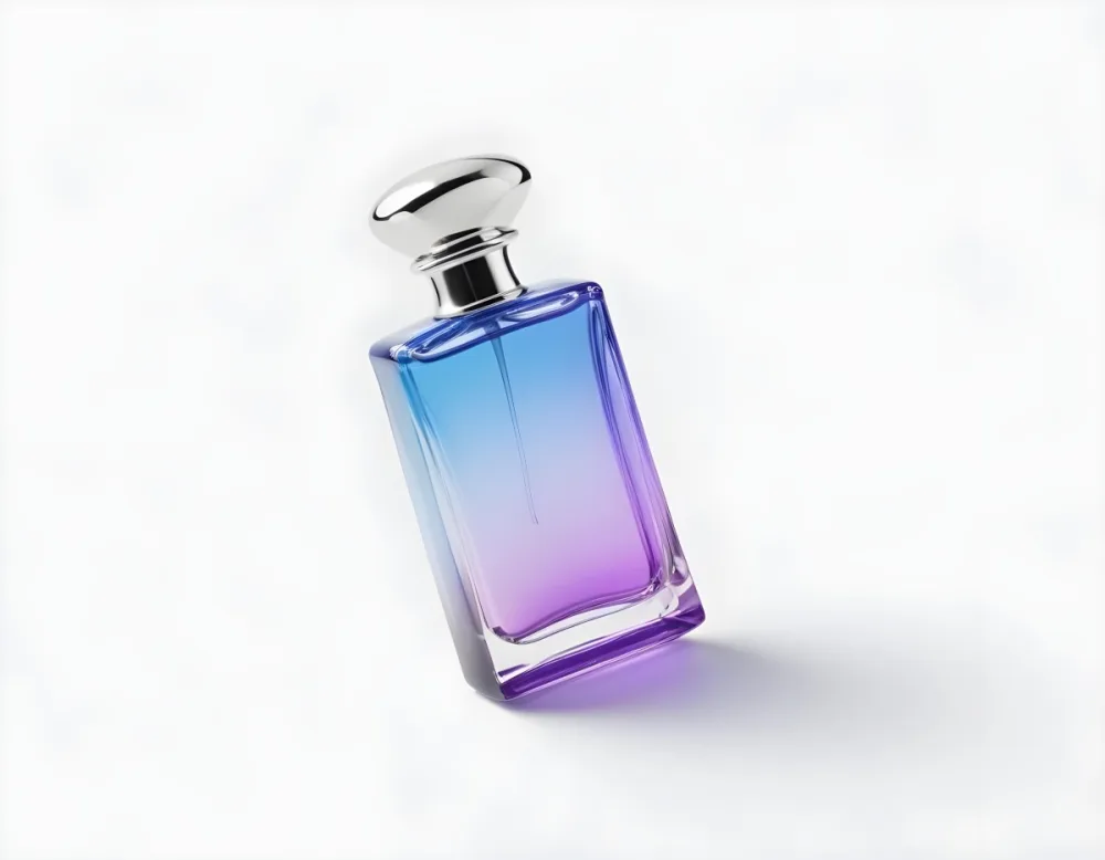 A Blue And Purple Gradient Perfume Bottle With A Silver Cap On A White Background 1 E5b9