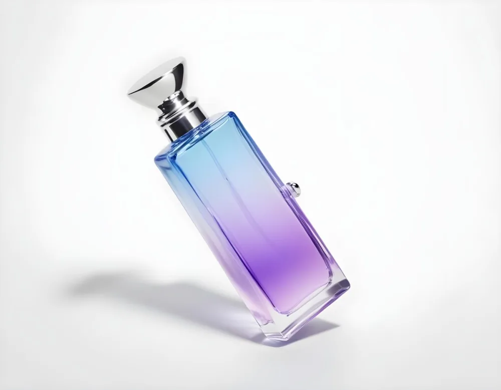 A Blue And Purple Gradient Perfume Bottle With A Silver Cap On A White Background 26 E4a4