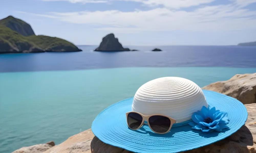 A Blue And White Sun Hat With Sunglasses And A Blue Flower On A Rock Turquoise Sea And Island In The Background 14