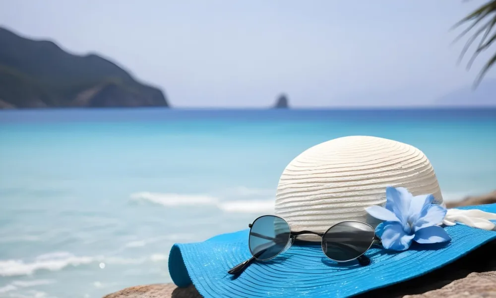 A Blue And White Sun Hat With Sunglasses And A Blue Flower On A Rock Turquoise Sea And Island In The Background 18 9fa4