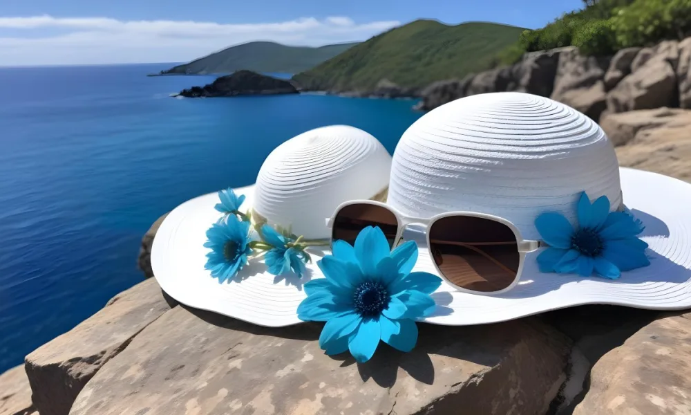 A Blue And White Sun Hat With Sunglasses And A Blue Flower On A Rock Turquoise Sea And Island In The Background 8