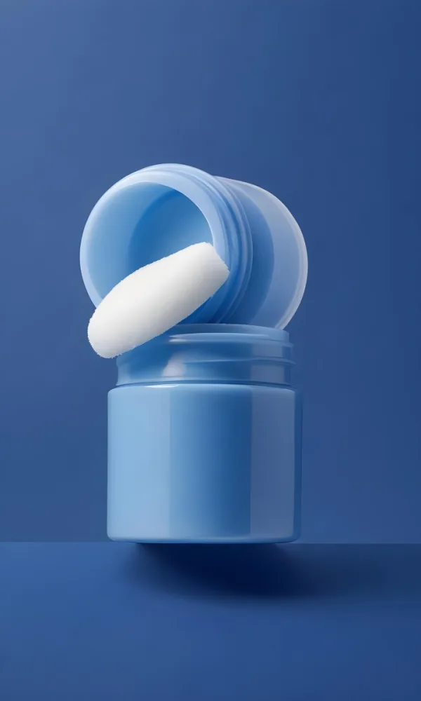 A Blue Cosmetic Jar With A White Applicator Sponge On A Blue Background 5 A46e