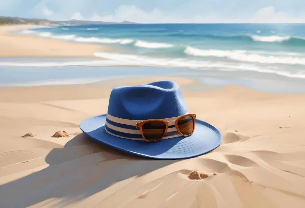 A Blue Fedora With A Striped Band And Brown Sunglasses On A Sandy Beach With A Blurred Ocean Background 9