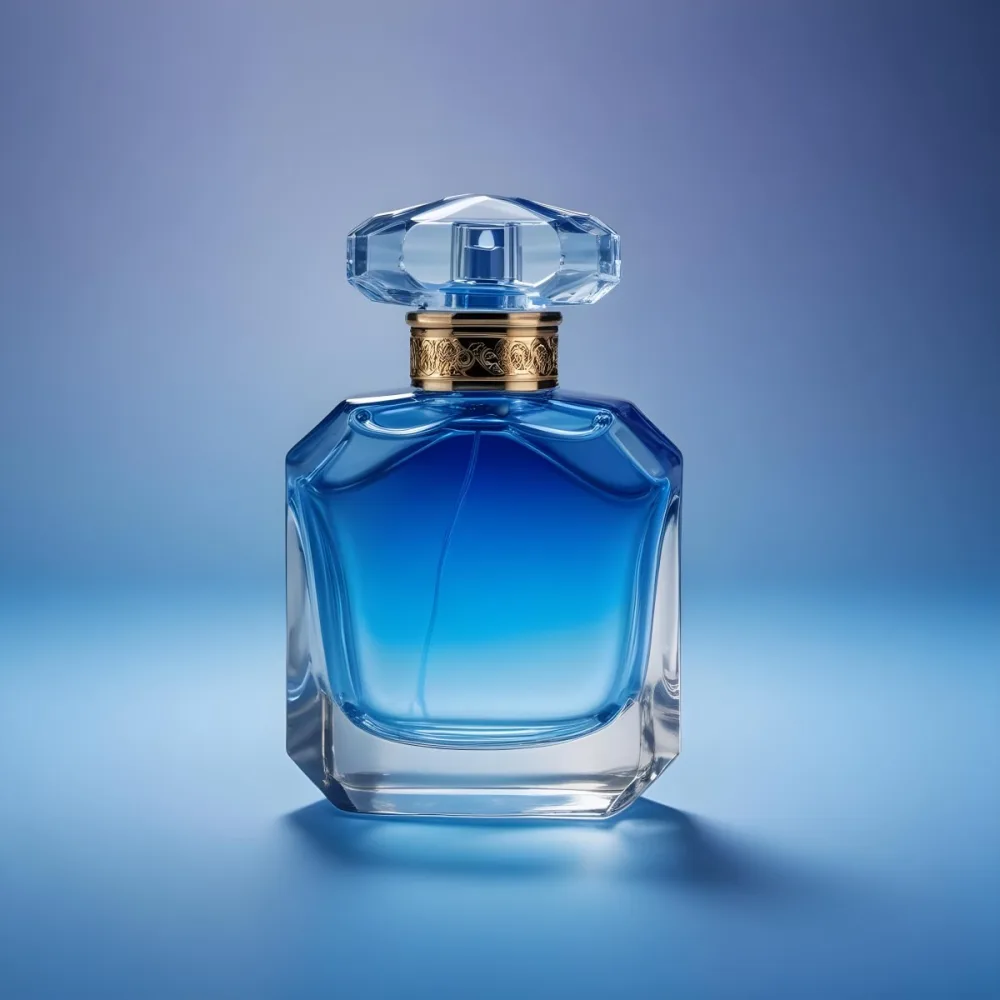 A Blue Glass Perfume Bottle With A Blue Cap Gradient Color Studio Shot Product Photography Blue Background 24 5ff4
