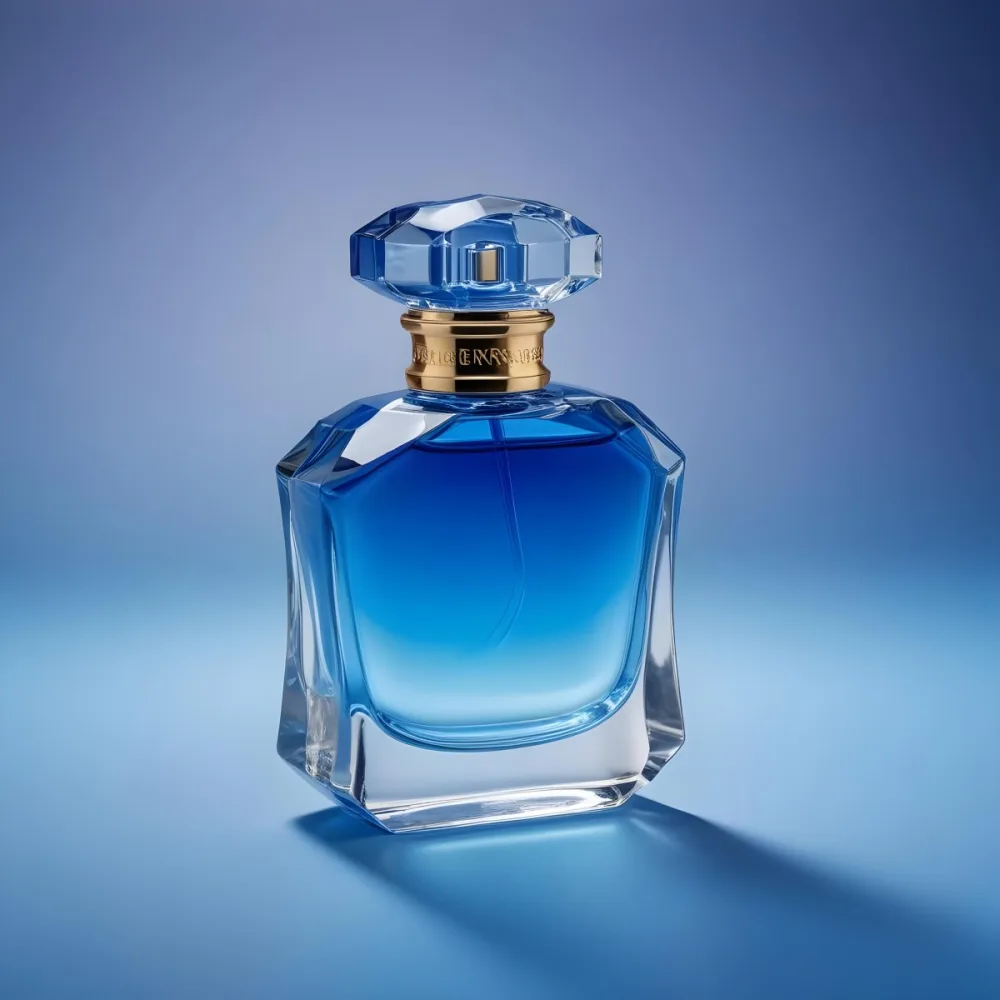 A Blue Glass Perfume Bottle With A Blue Cap Gradient Color Studio Shot Product Photography Blue Background 26 047c