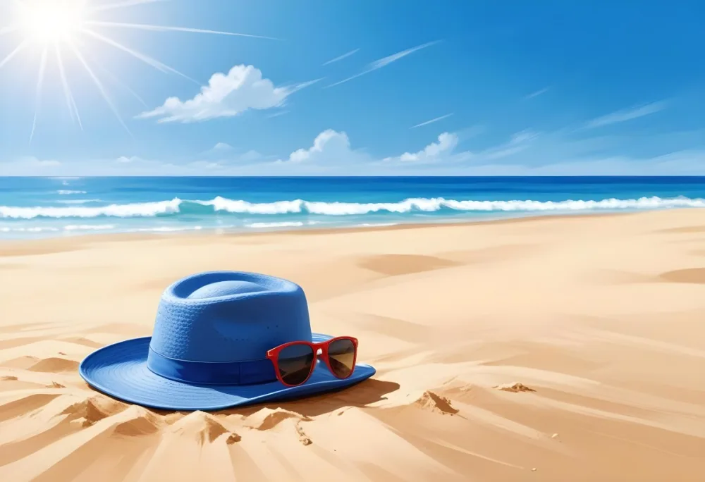 A Blue Hat And Sunglasses On The Sand With A Blue Sea And Sky In The Background Sunny Day On The Beach 11