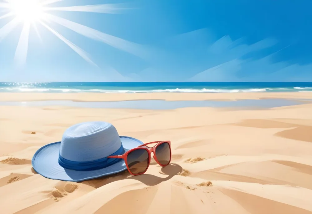 A Blue Hat And Sunglasses On The Sand With A Blue Sea And Sky In The Background Sunny Day On The Beach 25