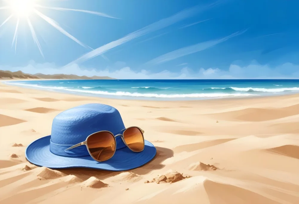 A Blue Hat And Sunglasses On The Sand With A Blue Sea And Sky In The Background Sunny Day On The Beach 6