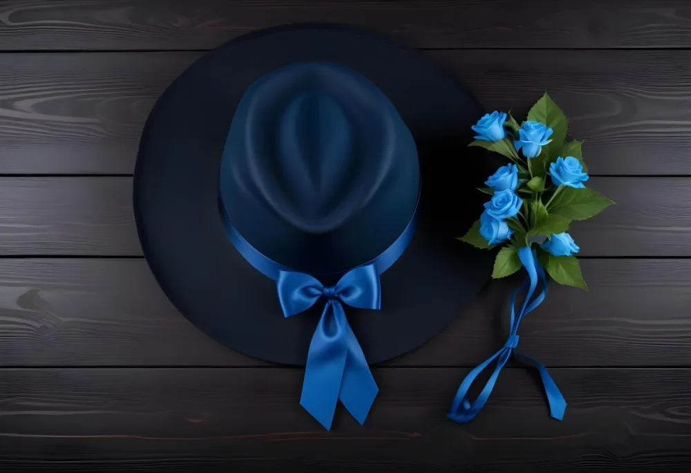 A Blue Hat With A Blue Ribbon And A Black Tie On A Black Wooden Surface Top Down View Summer Vibes Vacation Concept 1