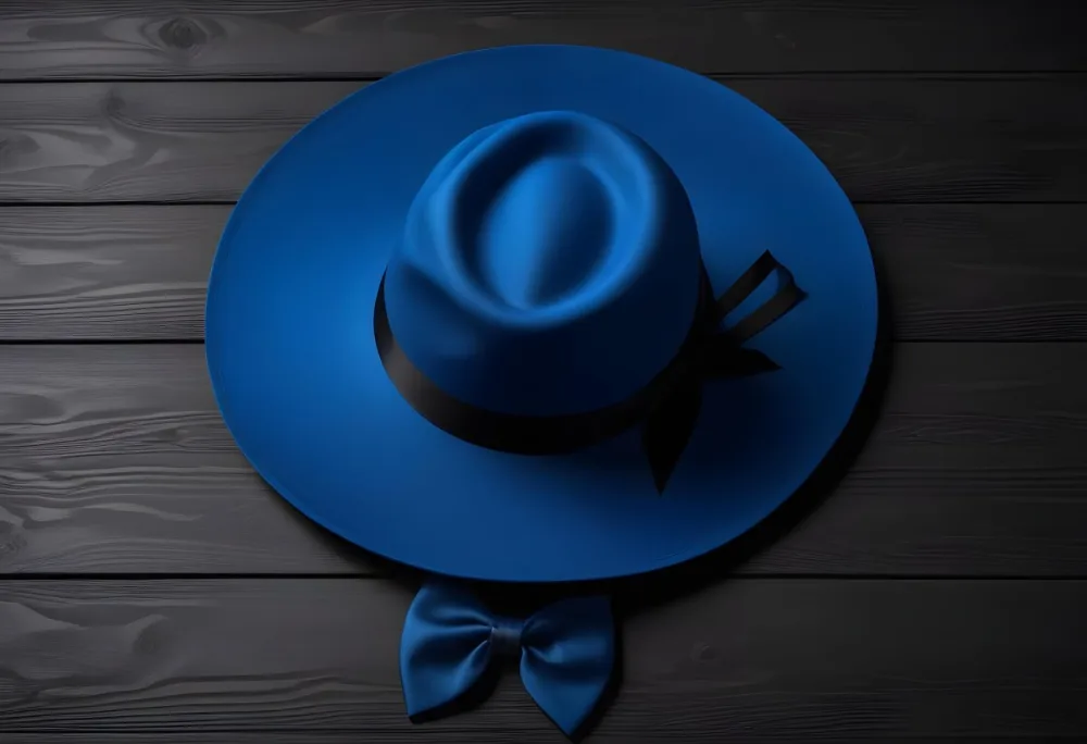 A Blue Hat With A Blue Ribbon And A Black Tie On A Black Wooden Surface Top Down View Summer Vibes Vacation Concept 3 6de2