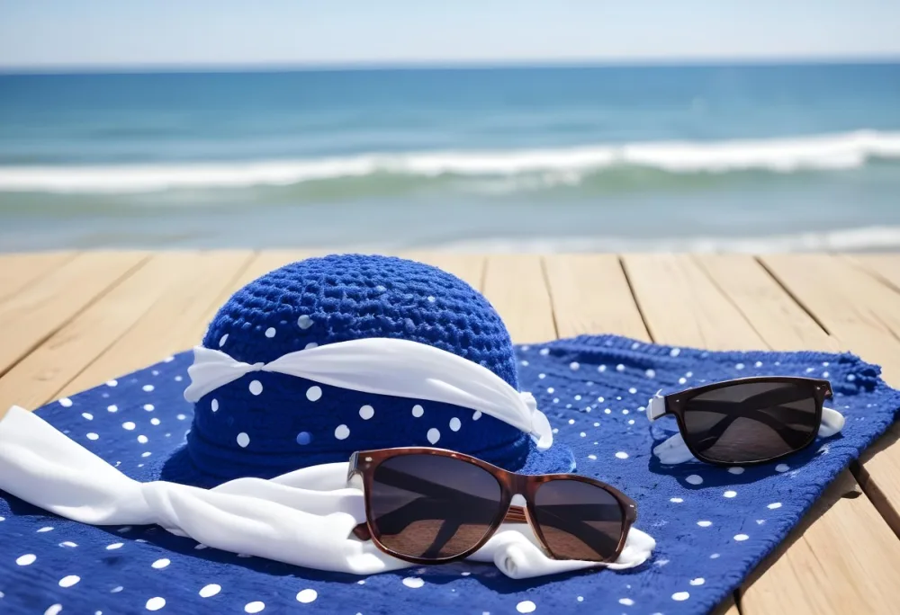 A Blue Hat With A White Ribbon Sunglasses And A White Scarf With Blue Dots On A Wooden Surface Beach In The Background 1 Bfcf