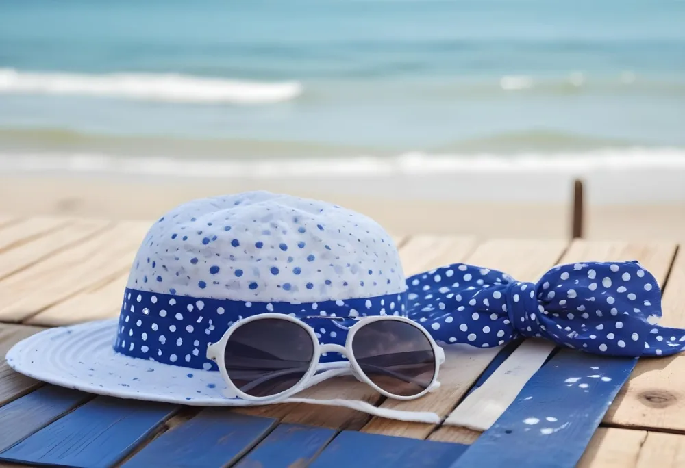 A Blue Hat With A White Ribbon Sunglasses And A White Scarf With Blue Dots On A Wooden Surface Beach In The Background 10