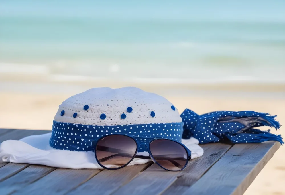 A Blue Hat With A White Ribbon Sunglasses And A White Scarf With Blue Dots On A Wooden Surface Beach In The Background 8 C398