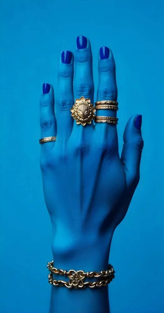 A Blue Painted Hand With Blue Nails Wearing Golden Rings And A Bracelet In A Blue Background 12 0654