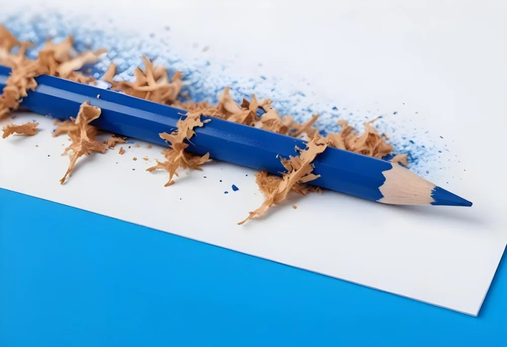 A Blue Pencil With Shavings On A White And Blue Background Close Up Shot Studio Photography 32 403a F9d7