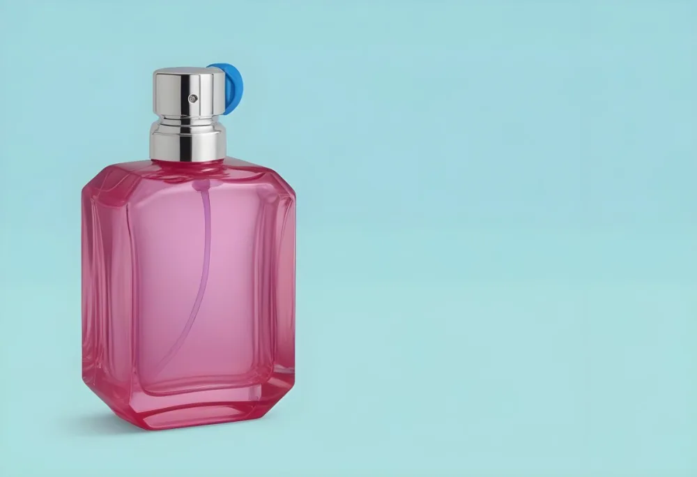 A Blue Perfume Bottle With A Blue Cap The Bottle Is Square With Rounded Edges The Background Is A Pink Color 22 D277