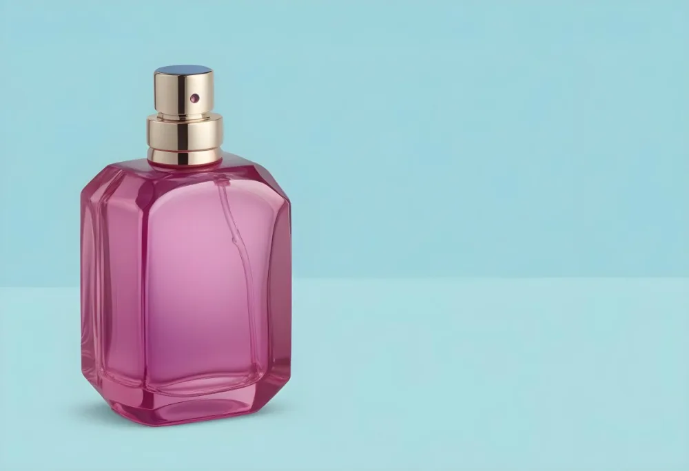 A Blue Perfume Bottle With A Blue Cap The Bottle Is Square With Rounded Edges The Background Is A Pink Color 32 Ef7f