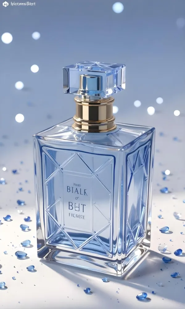 A Blue Perfume Bottle With A Blue Neck And A Golden Cap Surrounded By Small Blue Crystals In A Bright Studio 11 8a7d
