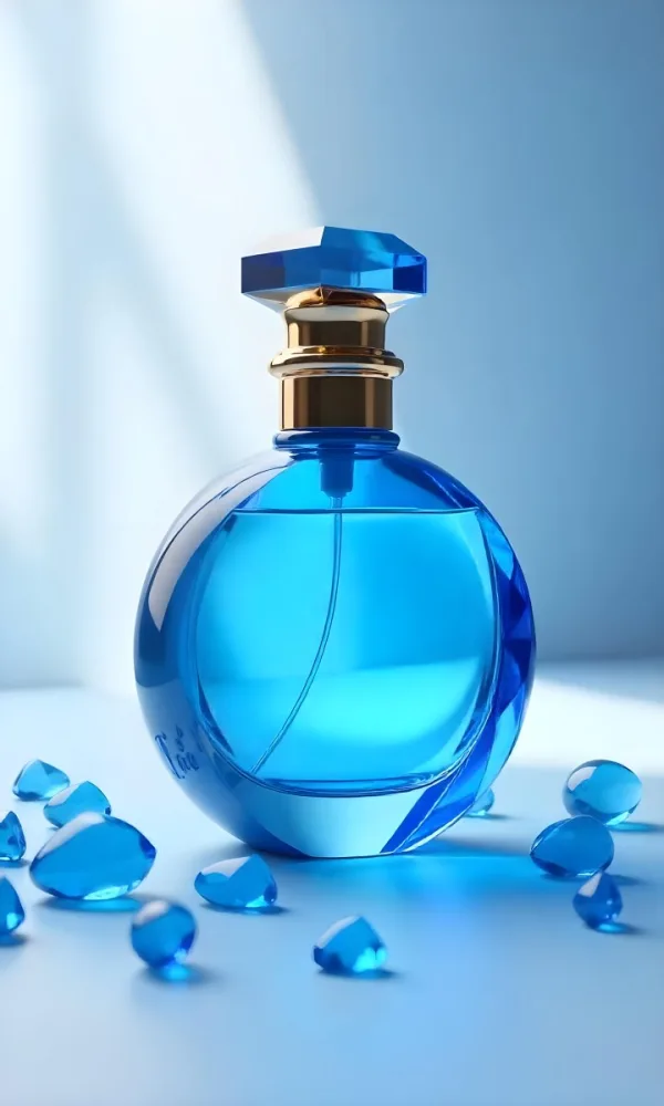 A Blue Perfume Bottle With A Blue Neck And A Golden Cap Surrounded By Small Blue Crystals In A Bright Studio 14 F978