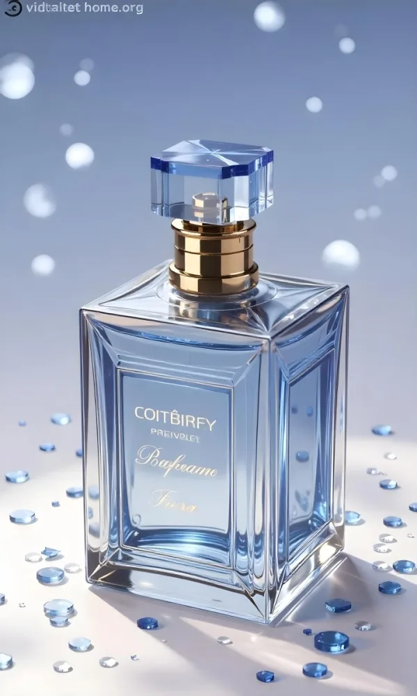 A Blue Perfume Bottle With A Blue Neck And A Golden Cap Surrounded By Small Blue Crystals In A Bright Studio 5 8968