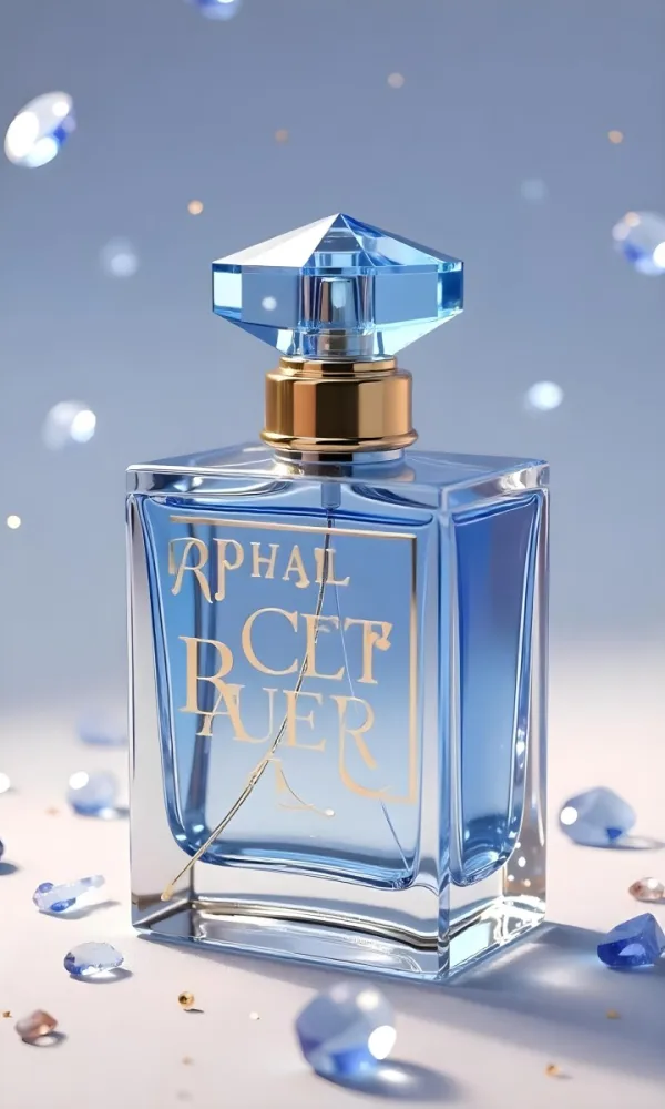 A Blue Perfume Bottle With A Golden Neck And A Crystal Cap Floating Blue Crystals In A Light Blue Background 16 D946