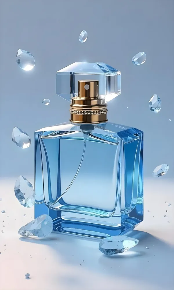 A Blue Perfume Bottle With A Golden Neck And A Crystal Cap Floating Blue Crystals In A Light Blue Background 19 Dba3