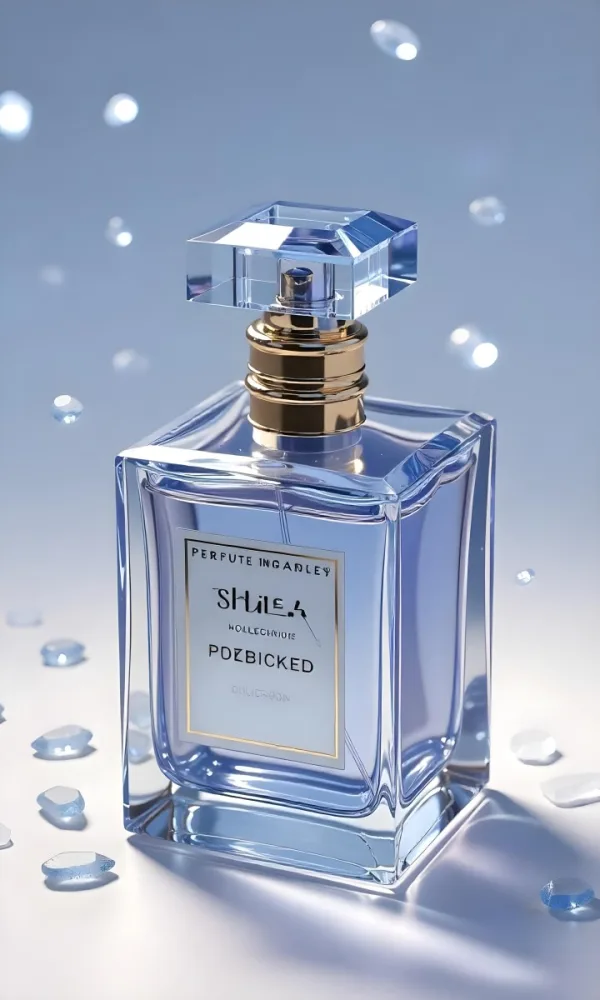 A Blue Perfume Bottle With A Golden Neck And A Crystal Cap Floating Blue Crystals In A Light Blue Background 22 E512