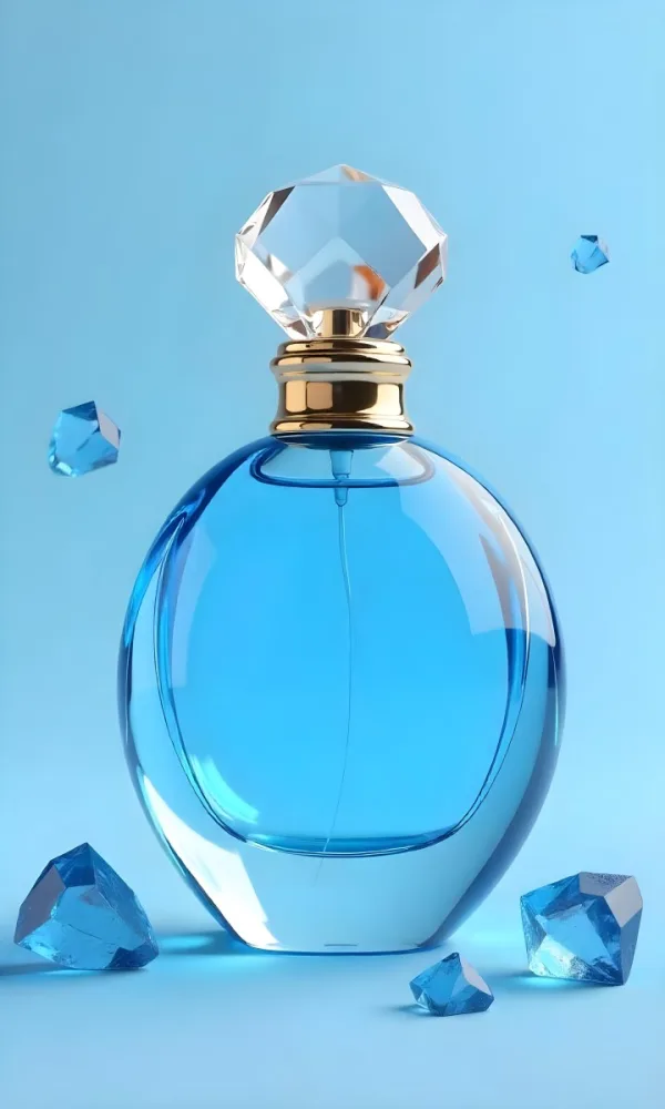 A Blue Perfume Bottle With A Golden Neck And A Crystal Cap Floating Blue Crystals In A Light Blue Background 3 Aa21