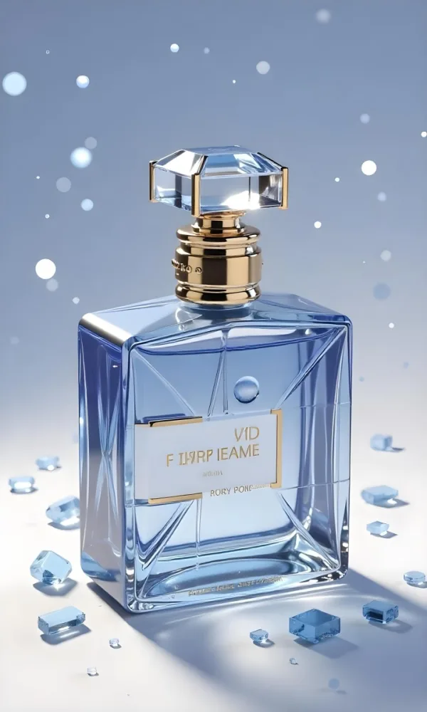 A Blue Perfume Bottle With A Golden Neck And A Crystal Cap Floating Blue Crystals In A Light Blue Background 6 Bf1a