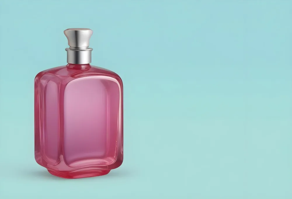 A Blue Perfume Bottle With A Pink Cap The Bottle Is Square With Rounded Edges Light Blue Background Minimalist Design Clean And Modern 28 Bfb3