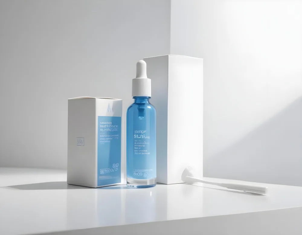 A Blue Serum Bottle With A White Dropper Next To A White Box On A White Surface In A White Room With Soft Lighting 22 00bf