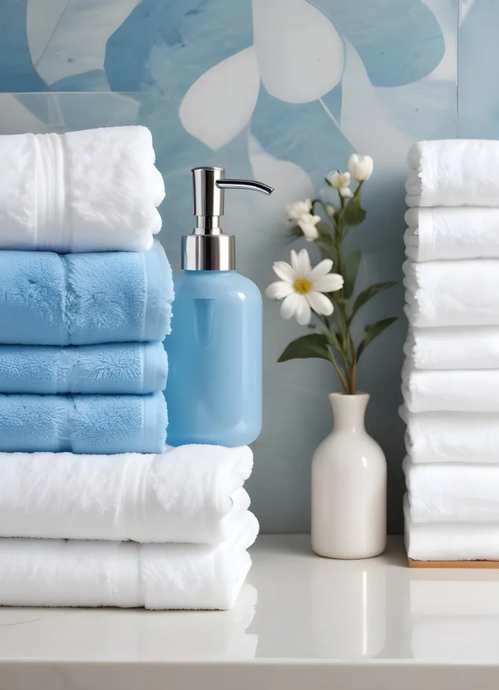 A Blue Soap Dispenser With A Curved Nozzle Next To A Stack Of White Towels And A Blue Flower Bathroom Background 10 D08d