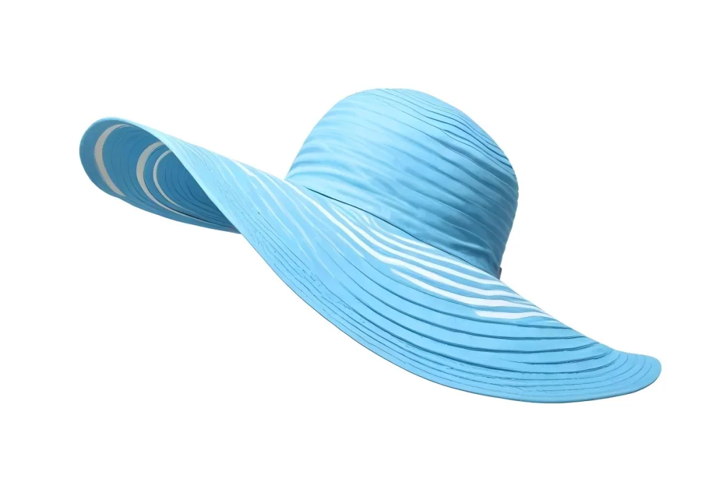 A Blue Sun Hat With A Wide Brim The Hat Is Made Of A Light Material And Has A Striped Pattern White Background 1 D82b