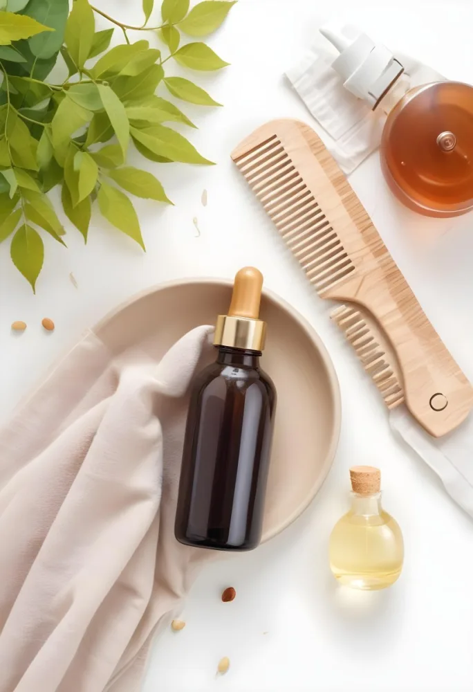 A Bottle Of Amber Colored Hair Oil Product Surrounded By Green Leaves And Hair Styling Tools On A White Background 10 C1c7