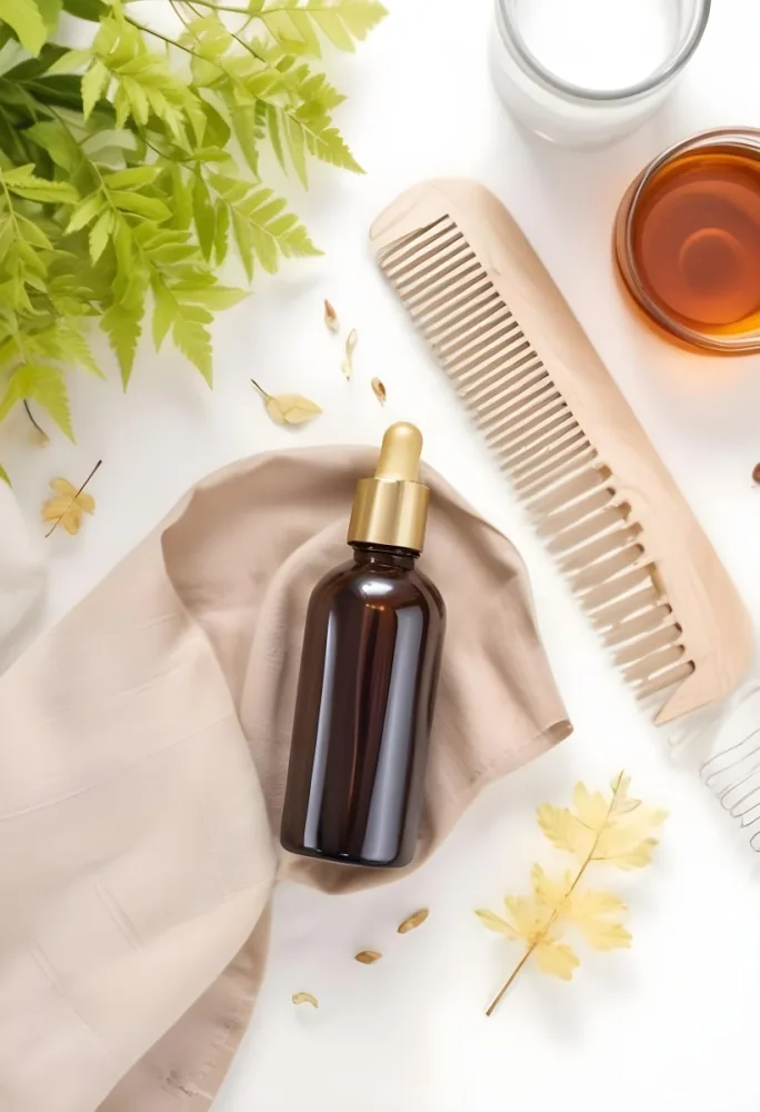 A Bottle Of Amber Colored Hair Oil Product Surrounded By Green Leaves And Hair Styling Tools On A White Background 13 76d5