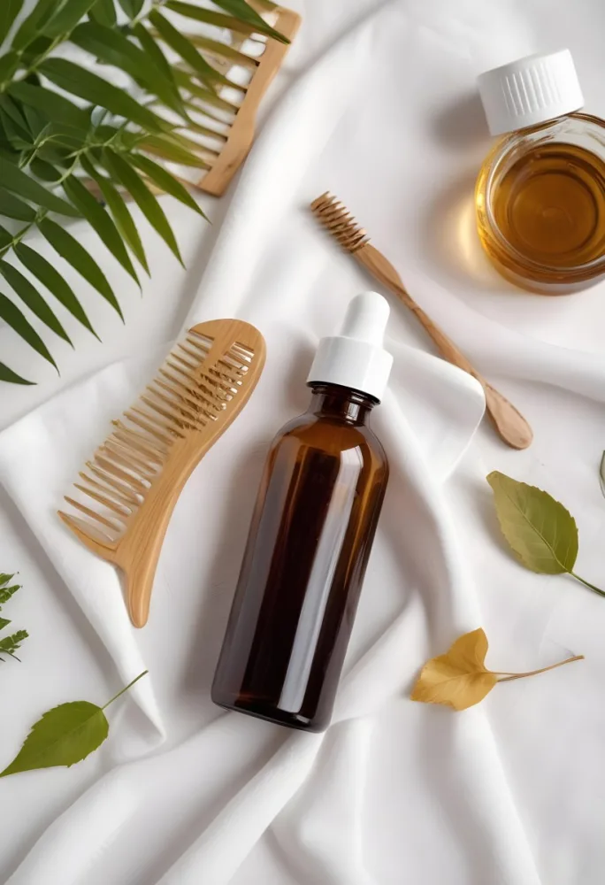 A Bottle Of Amber Colored Hair Oil Product Surrounded By Green Leaves And Hair Styling Tools On A White Background 5 Bea0