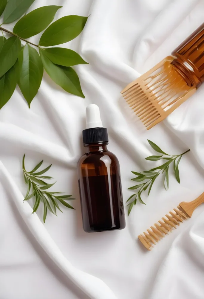 A Bottle Of Amber Colored Hair Oil Product Surrounded By Green Leaves And Hair Styling Tools On A White Background 7