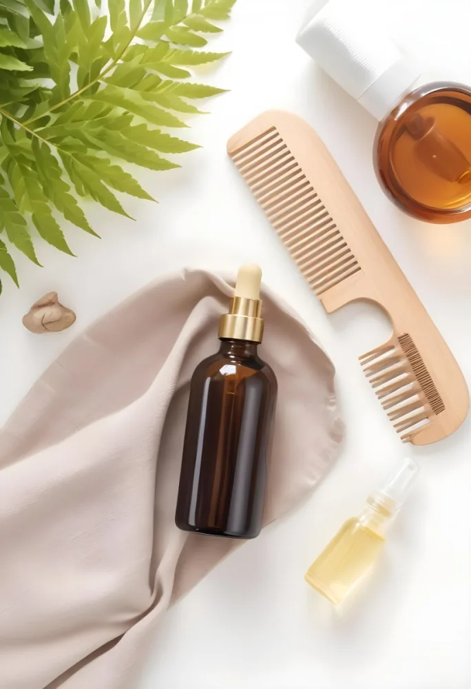 A Bottle Of Amber Colored Hair Oil Product Surrounded By Green Leaves And Hair Styling Tools On A White Background 9