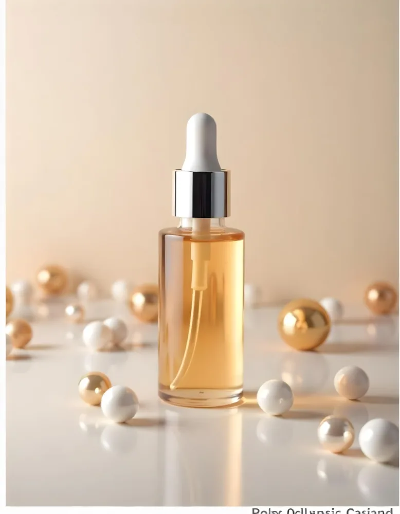 A Bottle Of Cosmetic Oil With A Dropper White Cap Surrounded By White And Golden Pearls On A White Background 28 E5fb