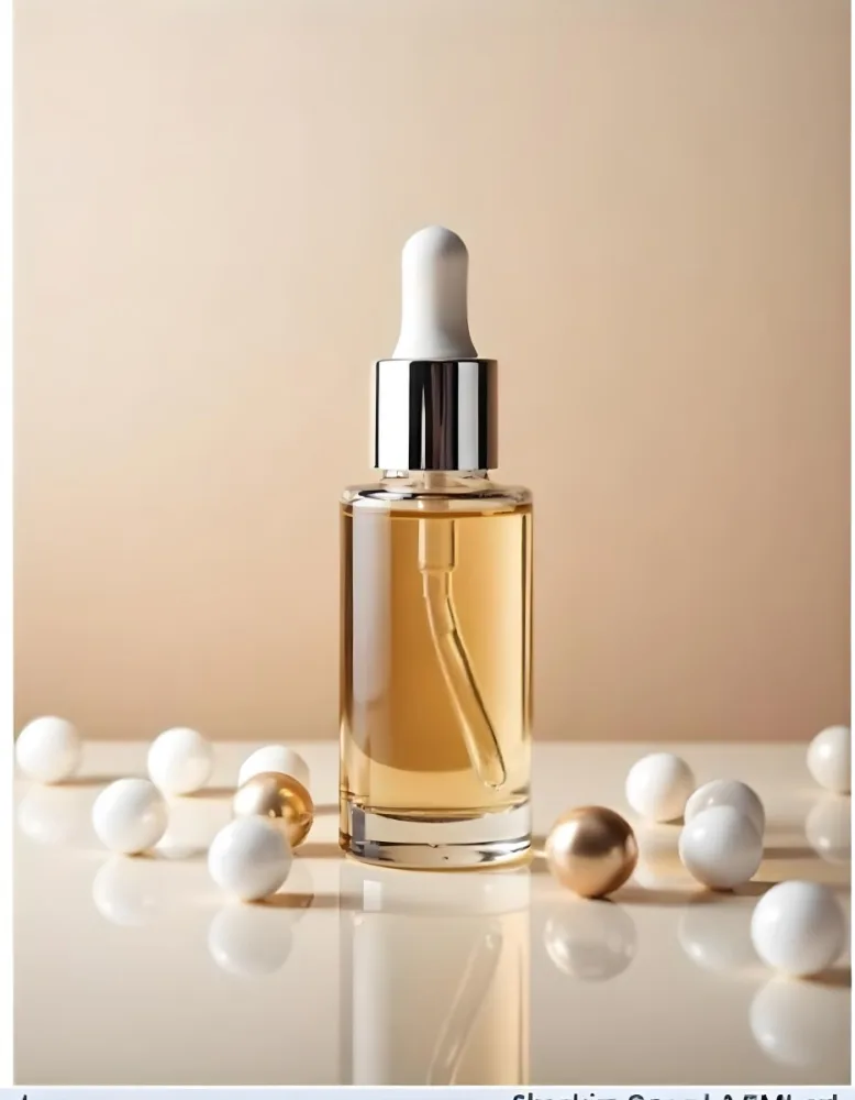 A Bottle Of Cosmetic Oil With A Dropper White Cap Surrounded By White And Golden Pearls On A White Background 35 6577