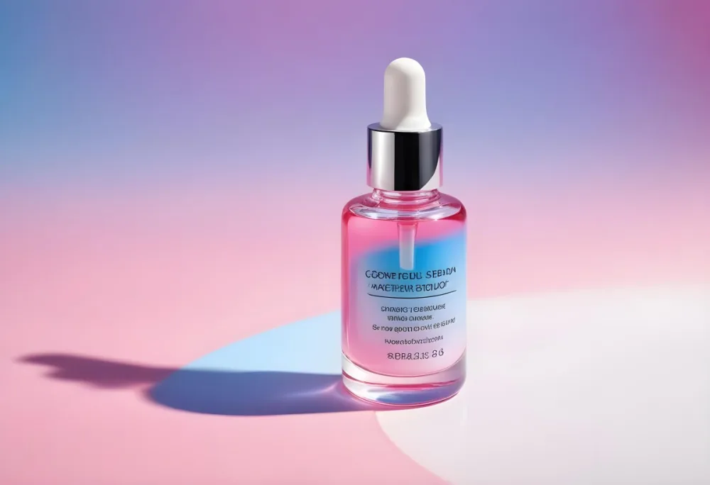 A Bottle Of Cosmetic Serum With A Dropper On A White Surface With A Pink And Blue Gradient Background 28 3c97