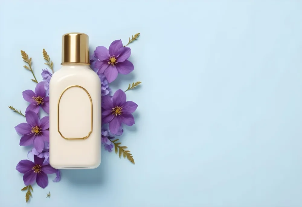 A Bottle Of Cream With A Golden Cap Surrounded By Purple Flowers On A Light Blue Background 1 C306