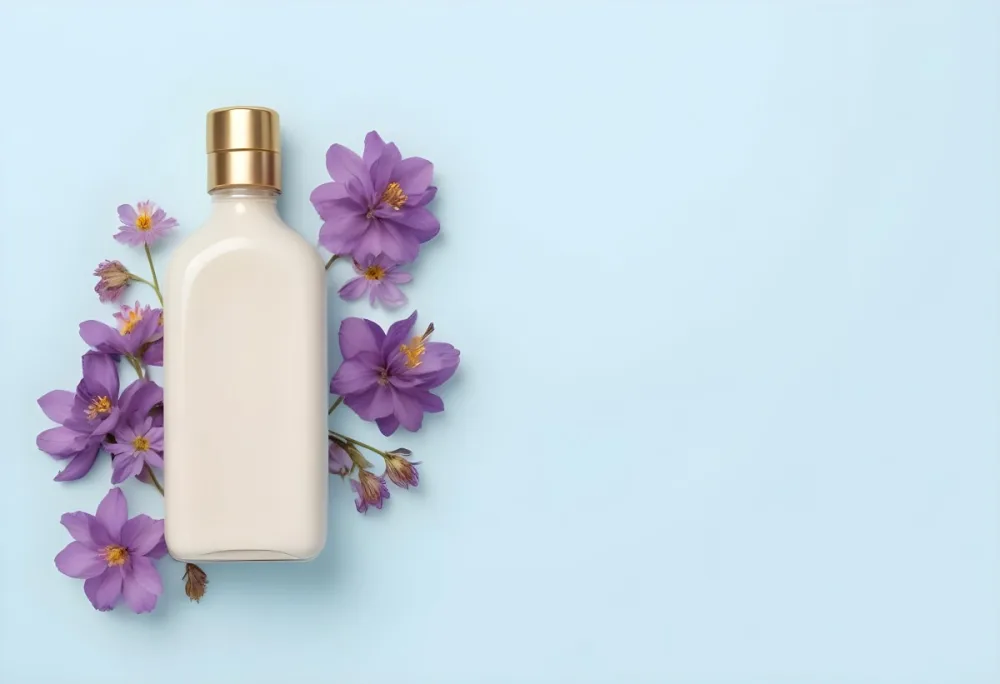 A Bottle Of Cream With A Golden Cap Surrounded By Purple Flowers On A Light Blue Background 19 Bbd4