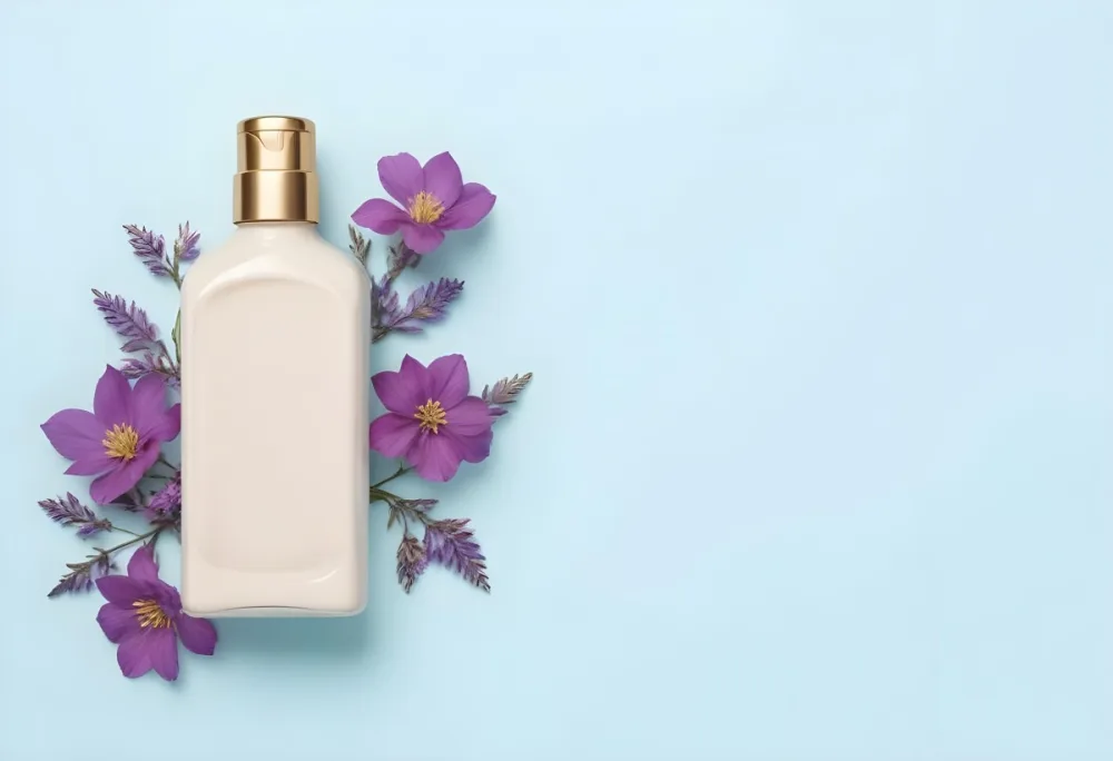 A Bottle Of Cream With A Golden Cap Surrounded By Purple Flowers On A Light Blue Background 22 95d3