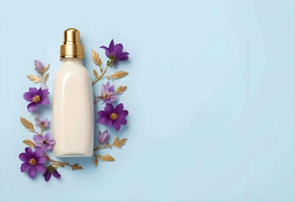A Bottle Of Cream With A Golden Cap Surrounded By Purple Flowers On A Light Blue Background 31 2247