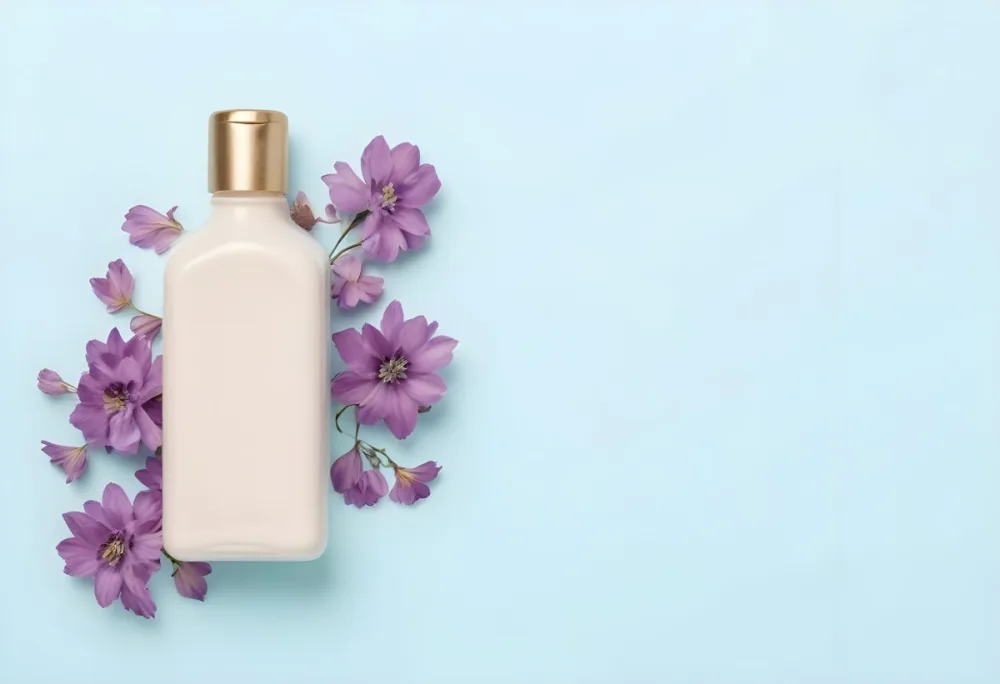 A Bottle Of Cream With A Golden Cap Surrounded By Purple Flowers On A Light Blue Background 32 3164