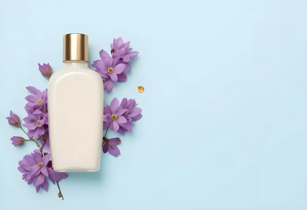 A Bottle Of Cream With A Golden Cap Surrounded By Purple Flowers On A Light Blue Background 35 1438